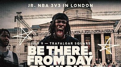 Running Insights, young basketball players competing in a Jr. NBA 3v3 tournament in London, showcasing athleticism, teamwork, and community engagement in a vibrant urban setting.