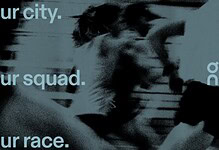 A runner in motion during a race, emphasizing speed and athleticism, with motivational text overlay about city, squad, and race.